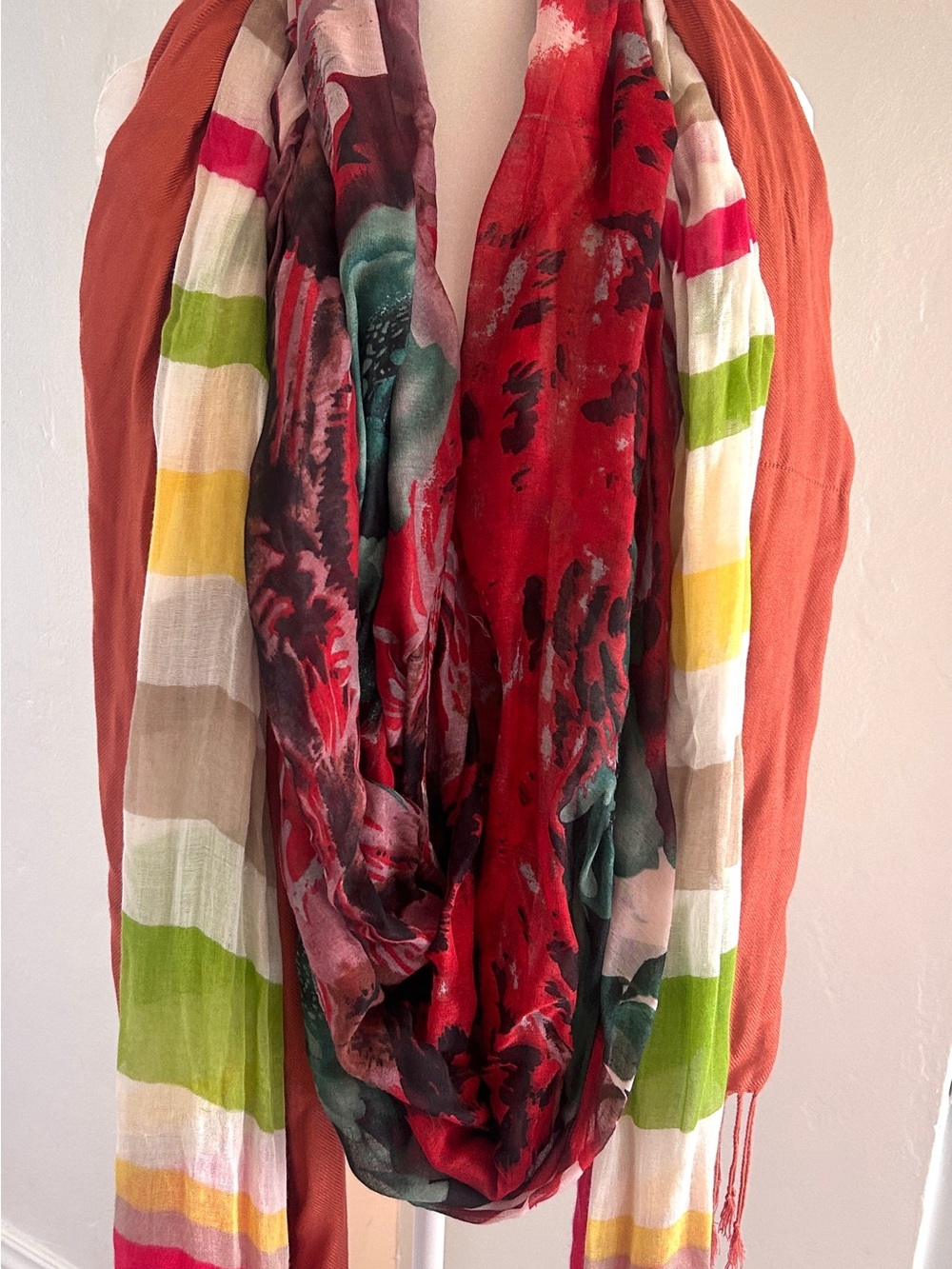 Scarf Trio Rust Orange Striped Multicolor Infinity Lightweight Bundle